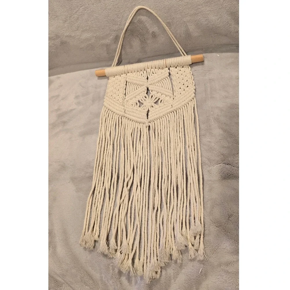 Boho Macrame Wall Hanging Cream Cotton Woven Fiber Art Geometric Fringe Decor